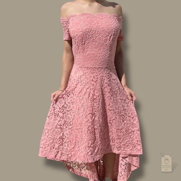 Dressystar Blush Pink Lace Hi-Lo Dress XS Off Shoulder Cocktail Wedding Guest - Picture 1 of 6